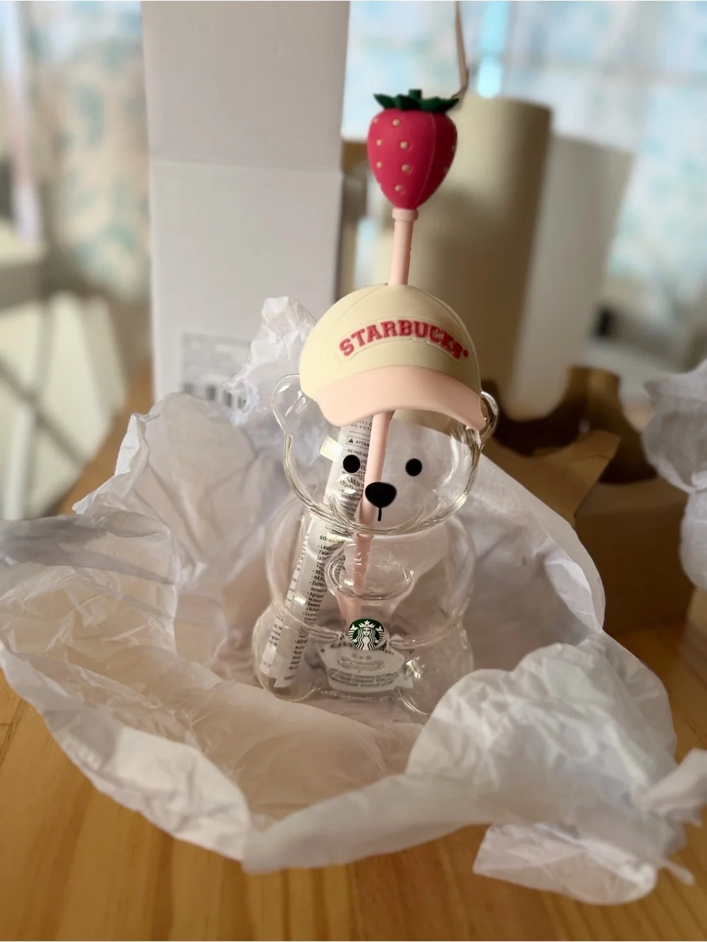 Starbucks Clear Bear Glass Cup with Cream Cap and Pink Strawberry Straw
